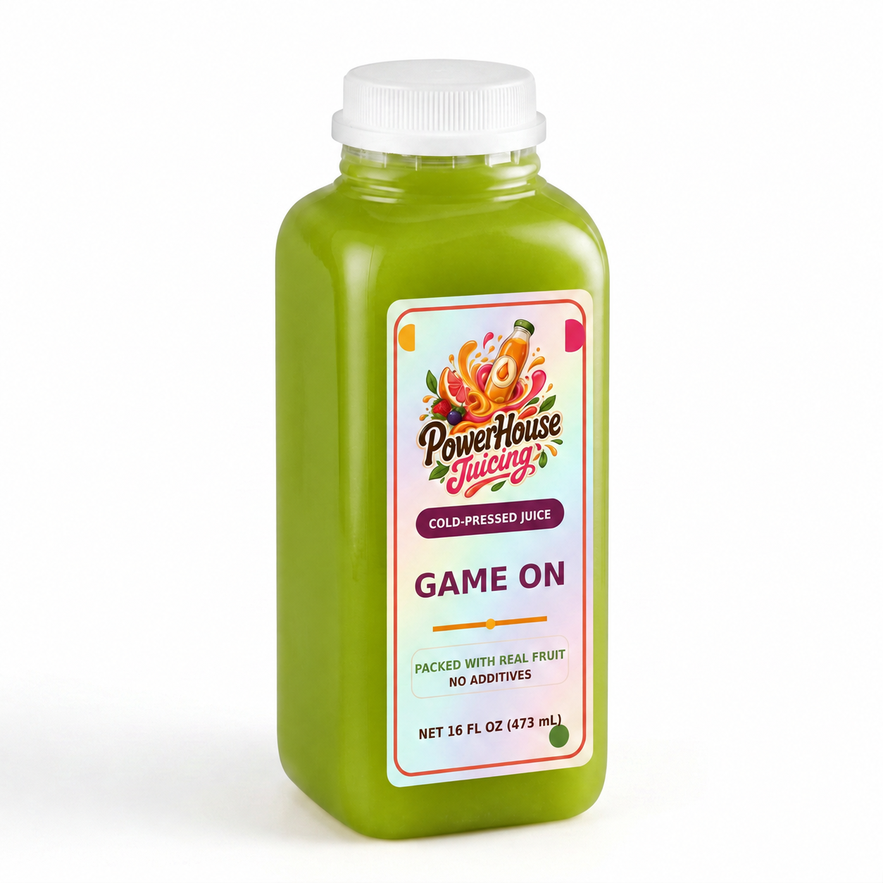 Game On — PowerHouse Juicing cold-pressed juice bottle